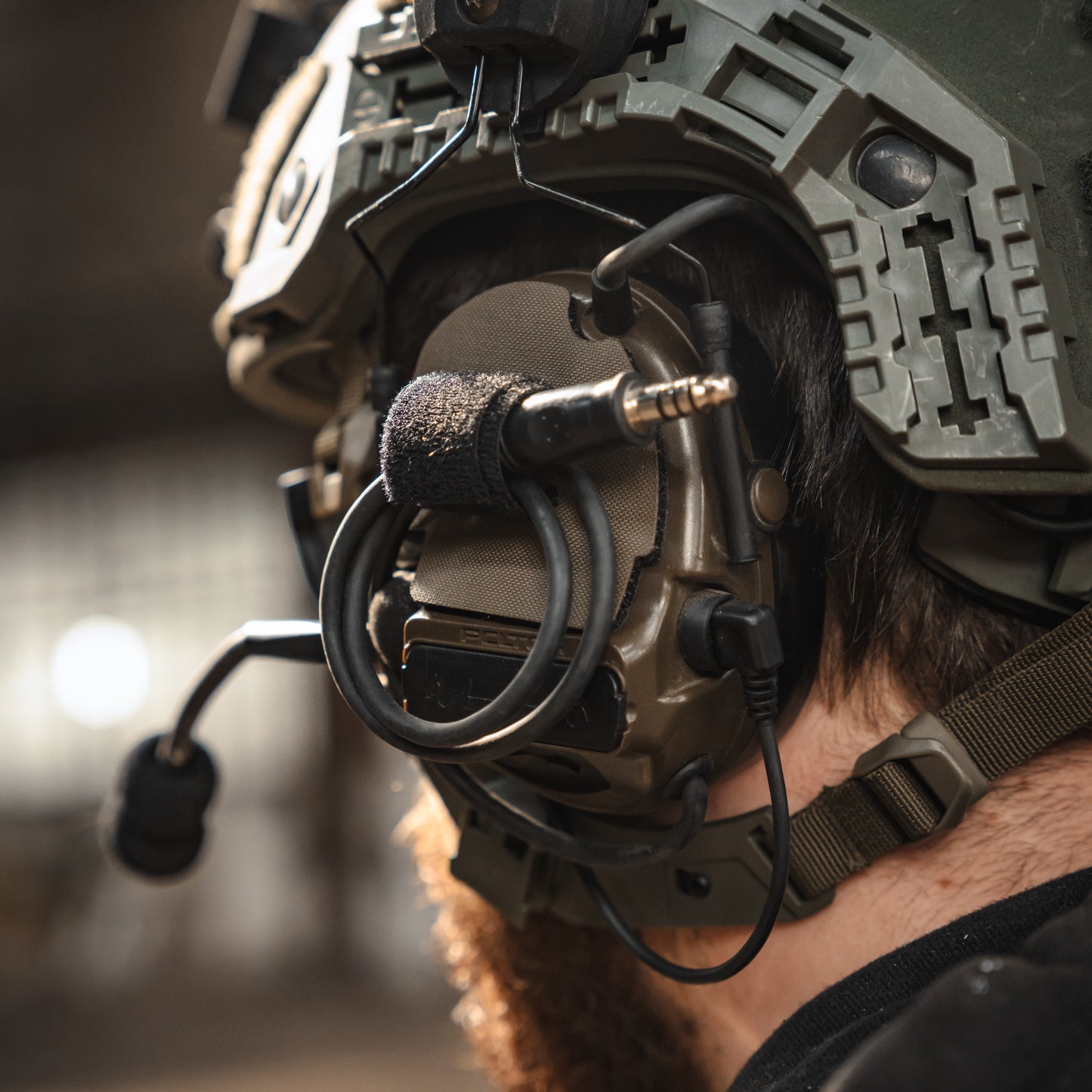 3M PELTOR COMTAC VI PATCH headset with K.fluff PATCH Velcro hook cutouts, ranger green Mil‑Spec Cordura camo & 3M adhesive for cable management, IR resistance & concealment. schuberth m100 helmet
