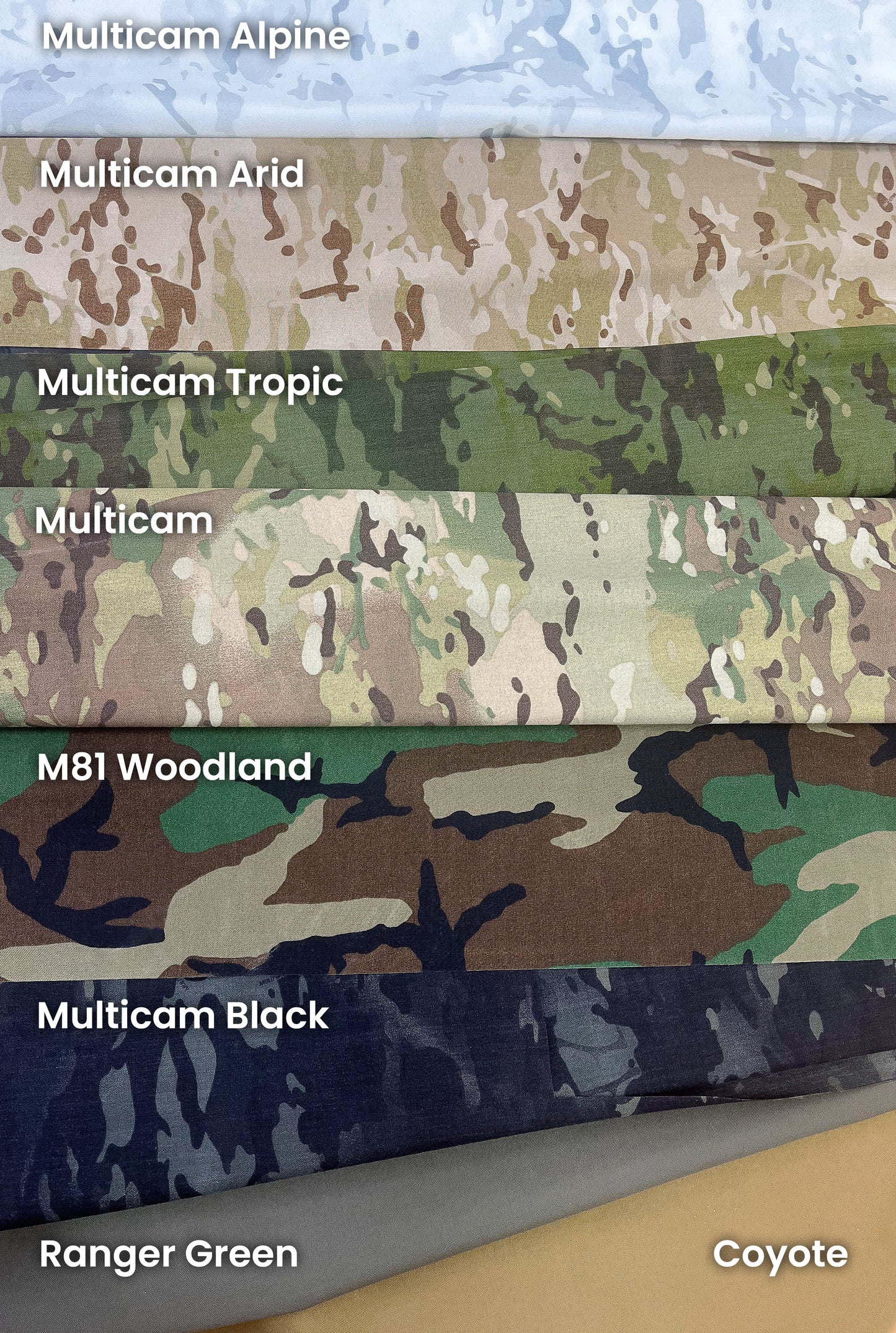 Available Mil‑Spec Cordura materials: Multicam Alpine, Multicam Arid, Multicam Tropic, Multicam, M81 Woodland, Multicam Black, Ranger Green, Coyote