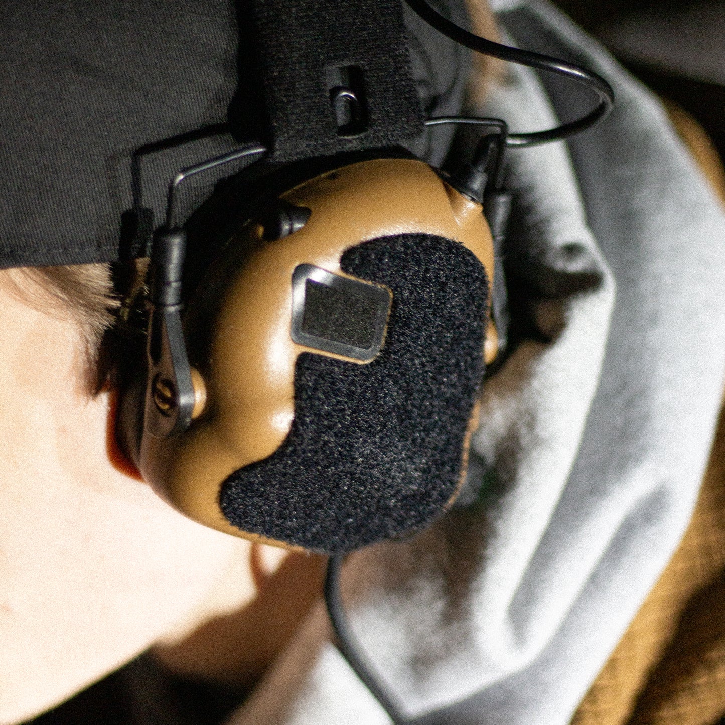 Earmor M31/M32 headset with black K.fluffs - Velcro loop cutouts, Mil‑Spec Cordura & 3M adhesive
