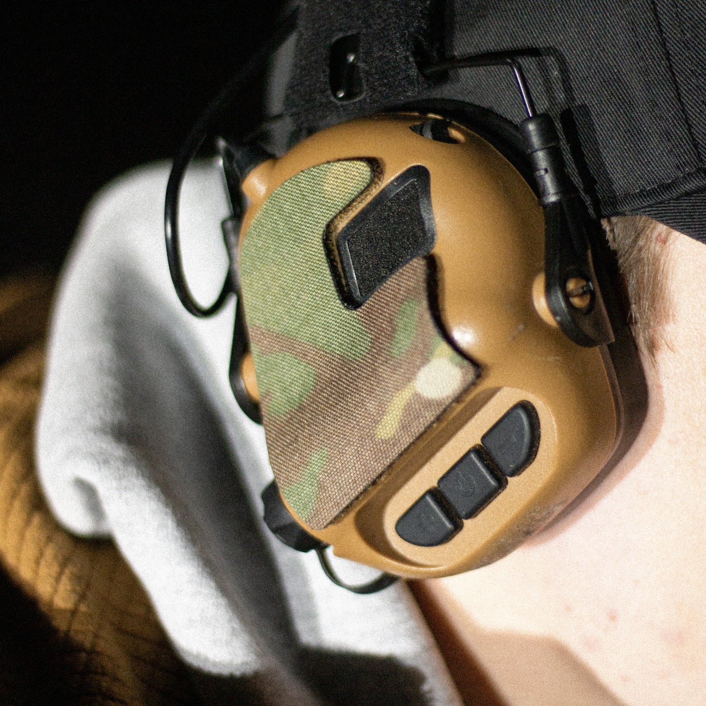 Earmor M31/M32 headset with K.fluff PATCH Velcro hook cutouts, Multicam Mil‑Spec Cordura camo & 3M adhesive for cable management, IR resistance & concealment