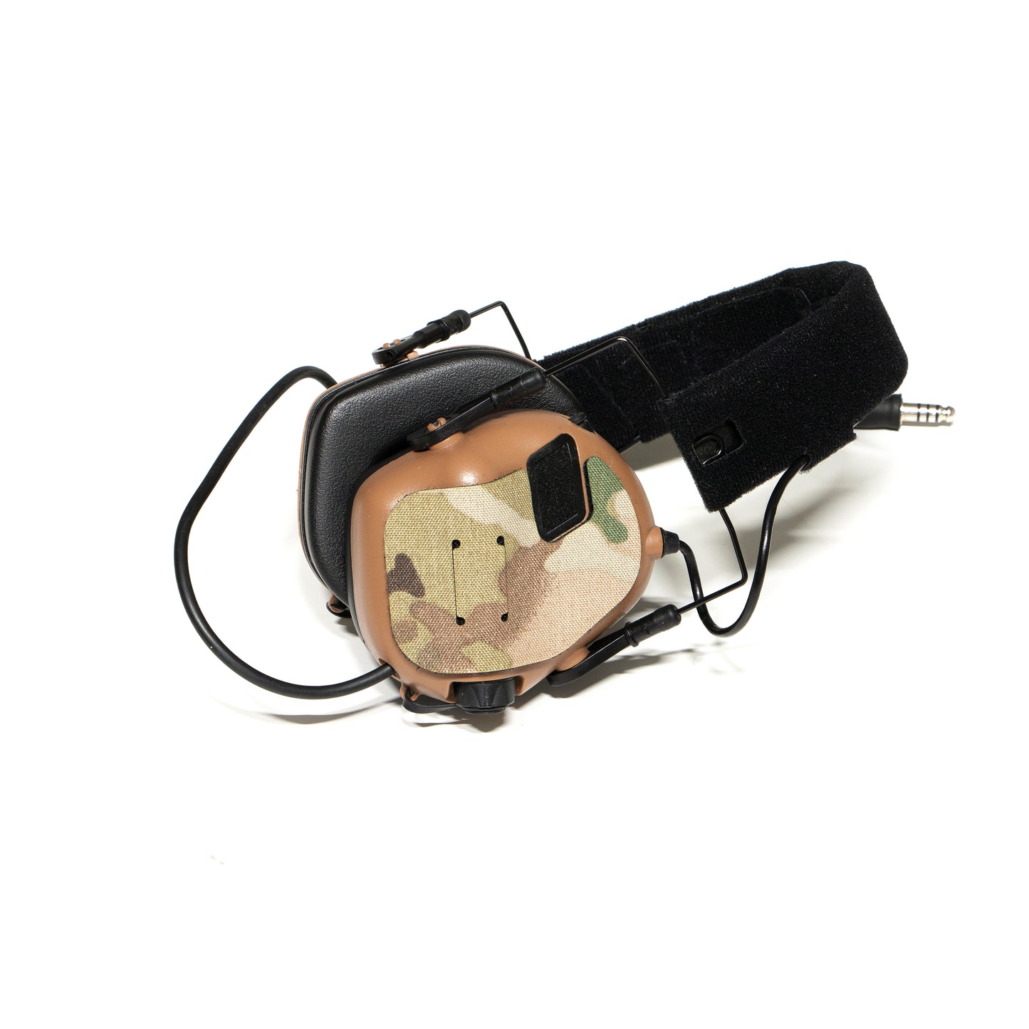 Earmor M31/M32 headset with K.fluff PATCH Velcro hook cutouts, Multicam Mil‑Spec Cordura camo & 3M adhesive for cable management, IR resistance & concealment