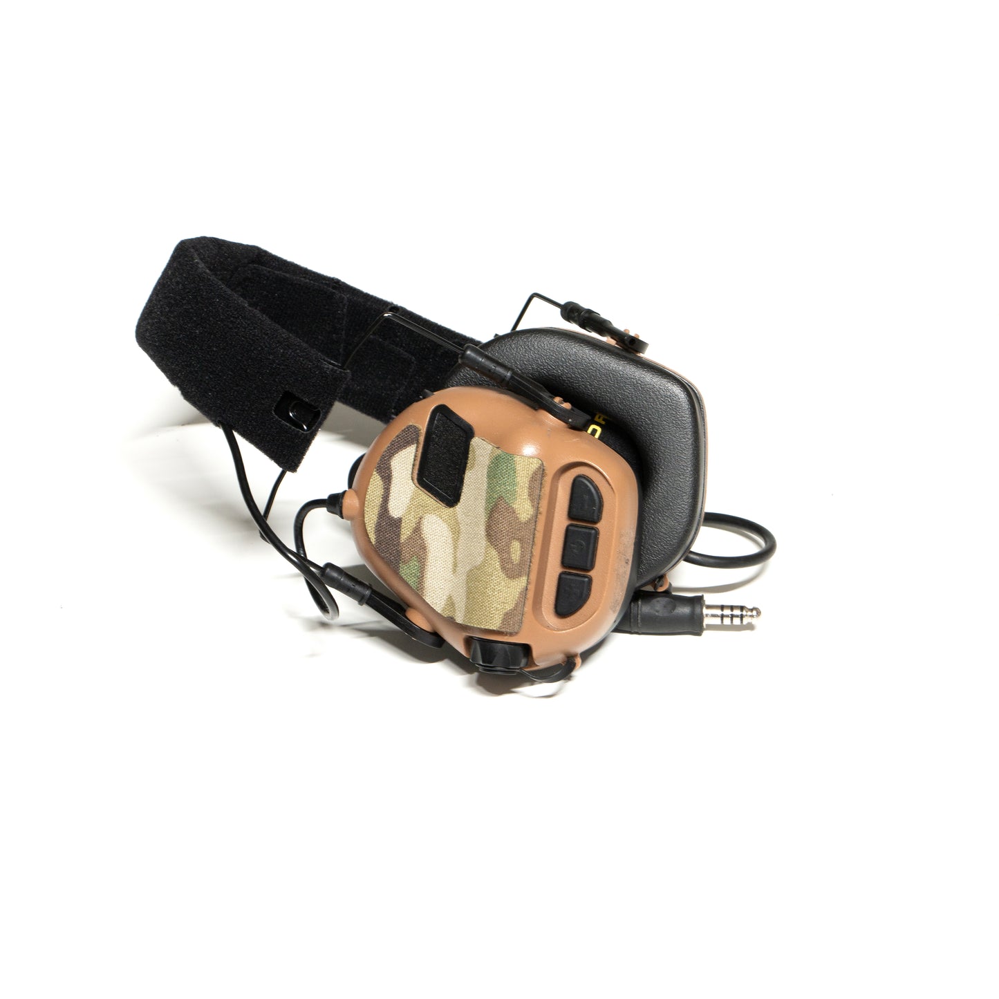 Earmor M31/M32 headset with K.fluff PATCH Velcro hook cutouts, Multicam Mil‑Spec Cordura camo & 3M adhesive for cable management, IR resistance & concealment