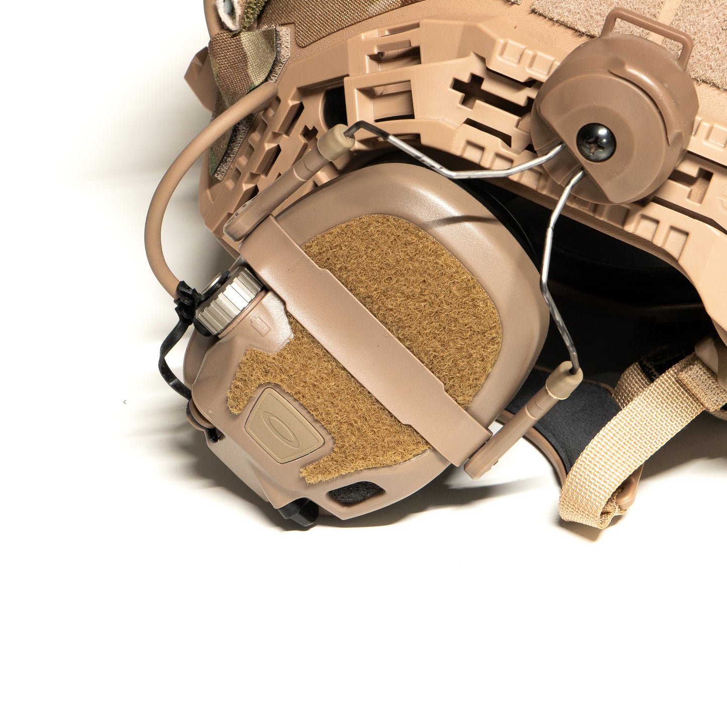 OpsCore AMP headset with coyote K.fluffs - Velcro loop cutouts, Mil‑Spec Cordura & 3M adhesive
