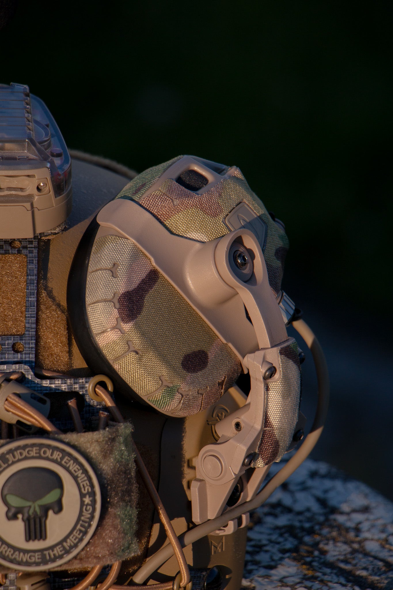 OpsCore AMP headset with Multicam K.wrap mil‑spec Cordura camo and 3M adhesive for IR resistance & concealment