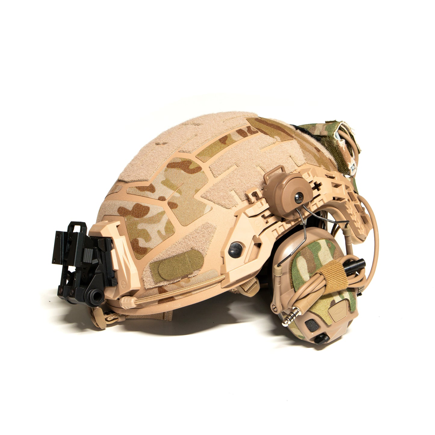 OpsCore AMP headset with K.fluff PATCH Velcro hook cutouts, Multicam Mil‑Spec Cordura camo & 3M adhesive for cable management, IR resistance & concealment. schuberth m100 helmet