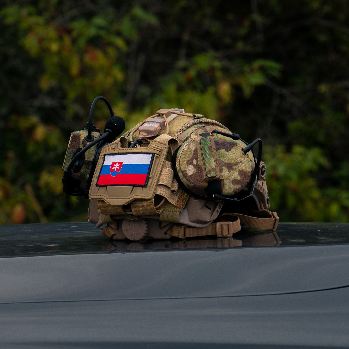 3M PELTOR COMTAC VI headset with Multicam K.wrap mil‑spec Cordura camo and 3M adhesive for IR resistance & concealment