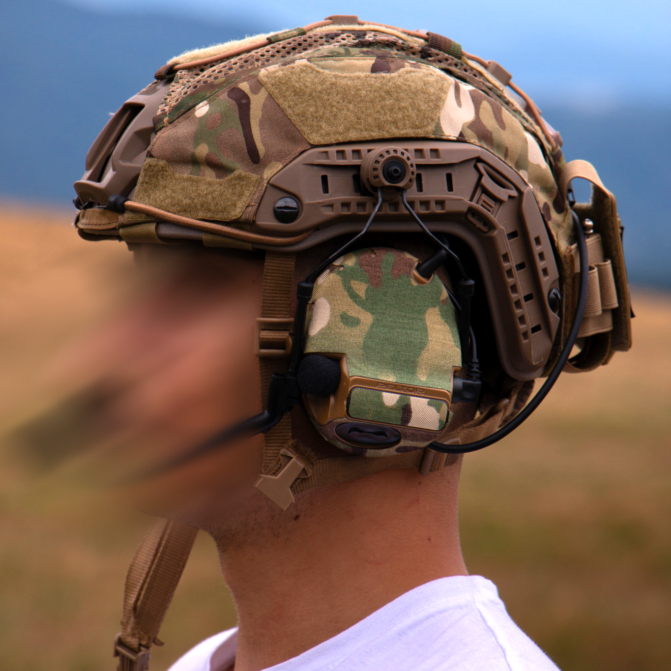 3M PELTOR COMTAC VI headset with Multicam K.wrap mil‑spec Cordura camo and 3M adhesive for IR resistance & concealment