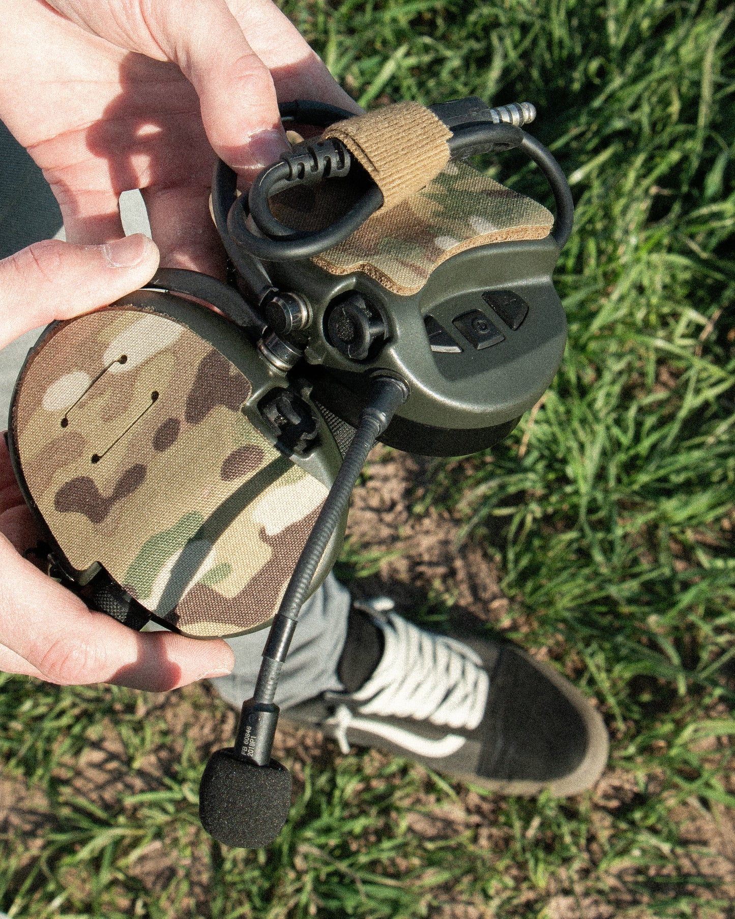 Sordin Supreme headset with K.fluff PATCH Velcro hook cutouts, Multicam Mil‑Spec Cordura camo & 3M adhesive for cable management, IR resistance & concealment