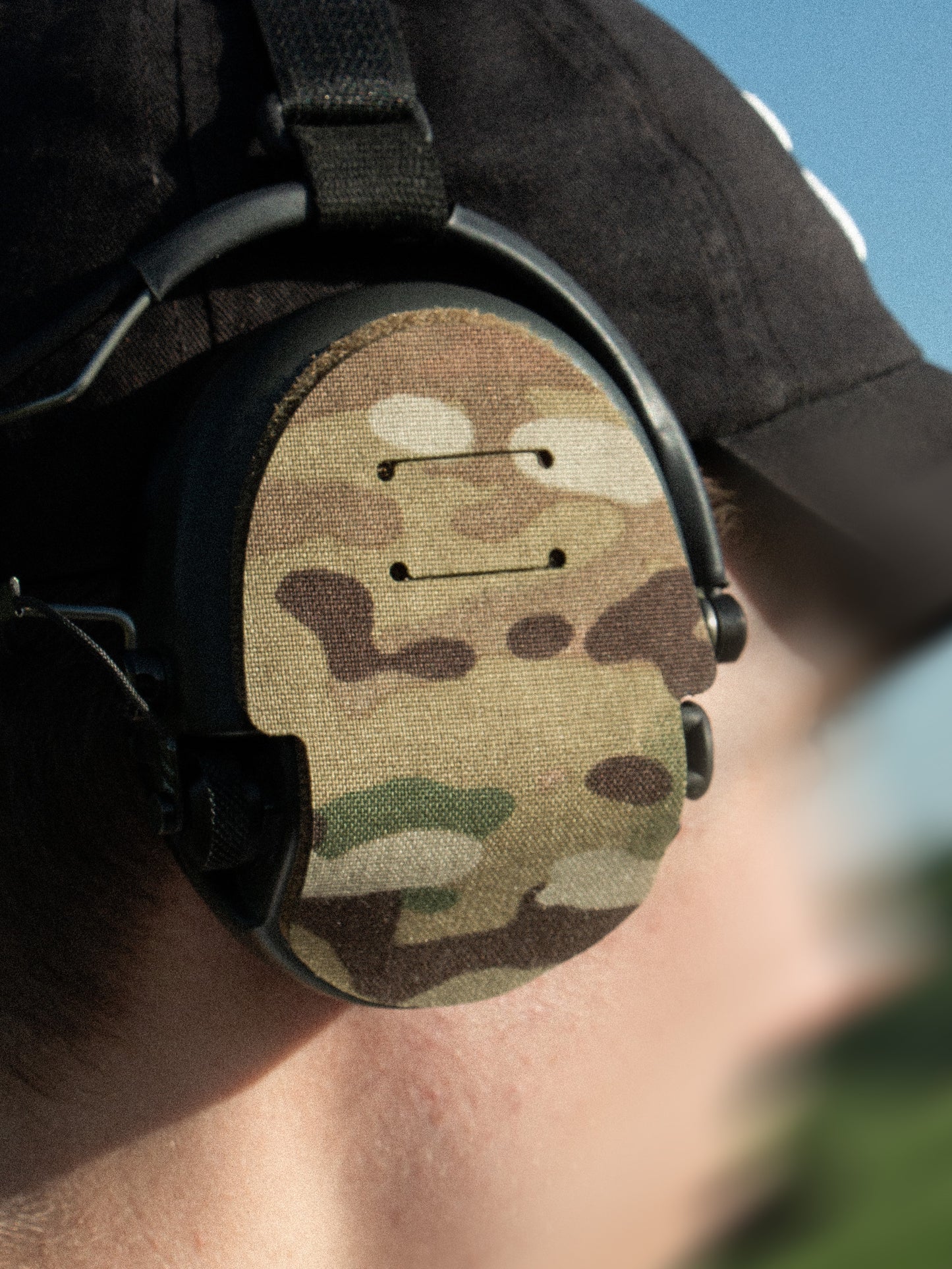 Sordin Supreme headset with K.fluff PATCH Velcro hook cutouts, Multicam Mil‑Spec Cordura camo & 3M adhesive for cable management, IR resistance & concealment