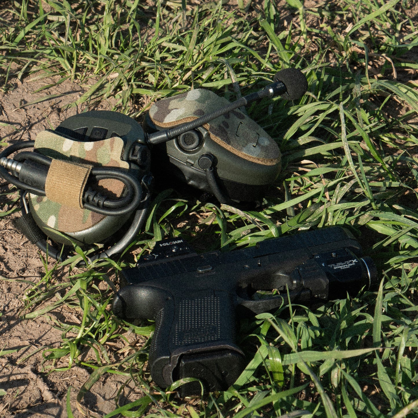 Sordin Supreme headset with K.fluff PATCH Velcro hook cutouts, Multicam Mil‑Spec Cordura camo & 3M adhesive for cable management, IR resistance & concealment. With glock 19 & streamlight tlr-7x
