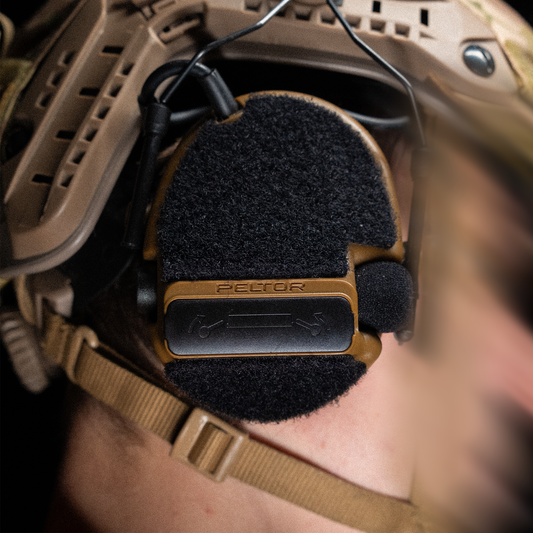 3M PELTOR COMTAC VI headset with black K.fluffs - Velcro loop cutouts, Mil‑Spec Cordura & 3M adhesive 