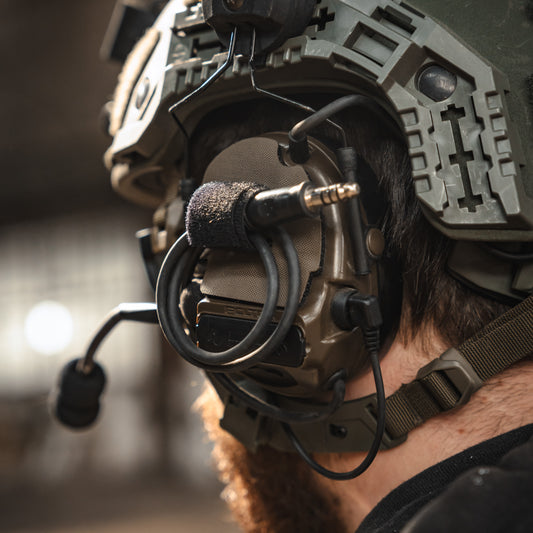3M PELTOR COMTAC VI PATCH headset with K.fluff PATCH Velcro hook cutouts, ranger green Mil‑Spec Cordura camo & 3M adhesive for cable management, IR resistance & concealment. schuberth m100 helmet