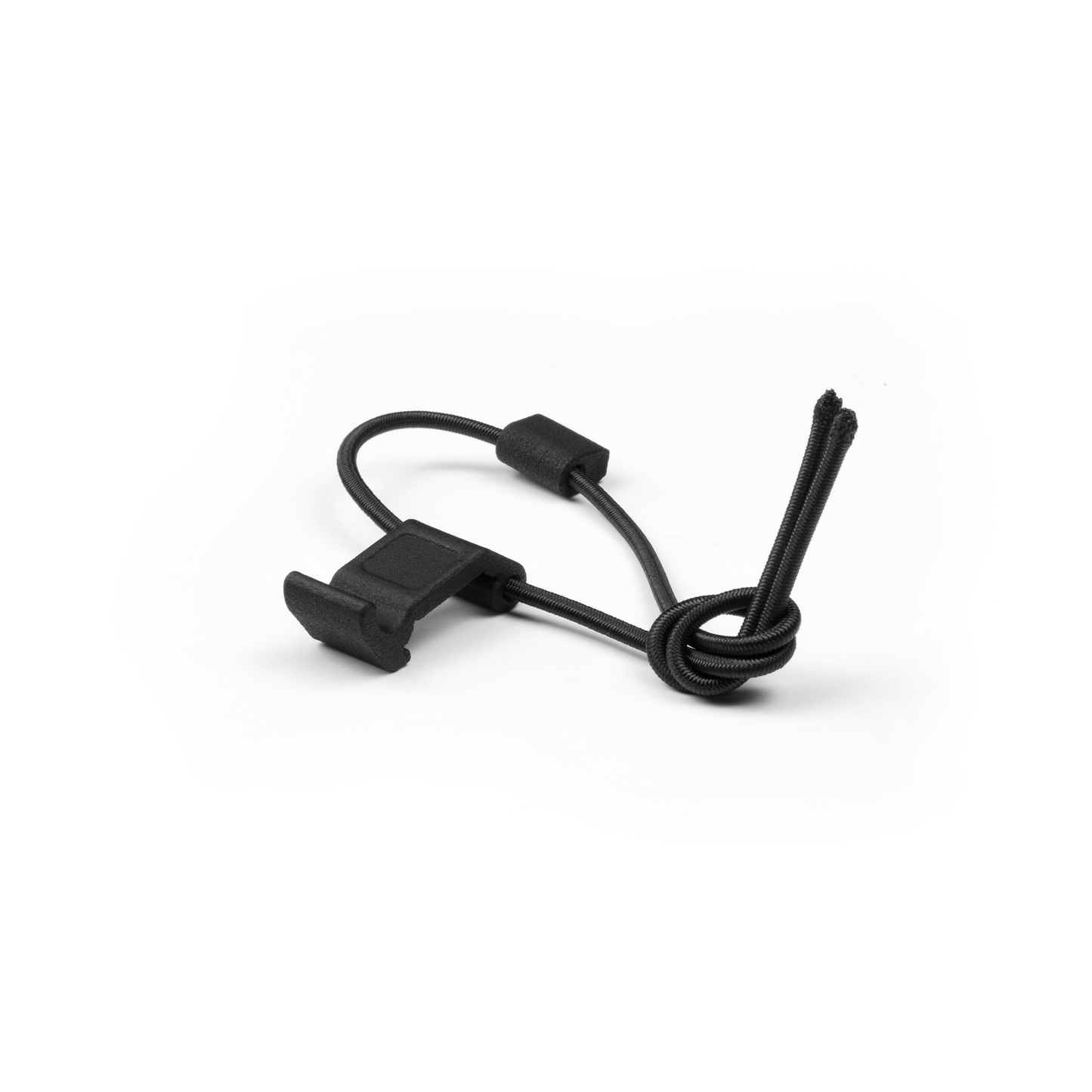 A black bungee cord sling system designed to be mounted on a Picatinny rail for stowing and deploying a sling.