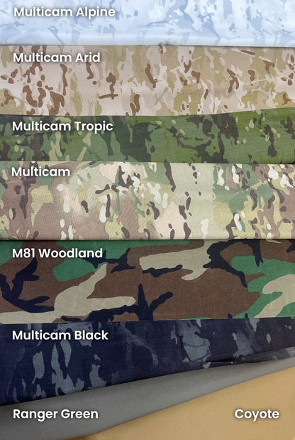 Available Mil‑Spec Cordura materials: Multicam Alpine, Multicam Arid, Multicam Tropic, Multicam, M81 Woodland, Multicam Black, Ranger Green, Coyote 