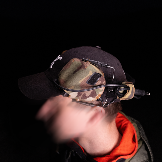 EARMOR M31/M32 headset with Multicam K.wrap mil‑spec Cordura camo and 3M adhesive for IR resistance & concealment