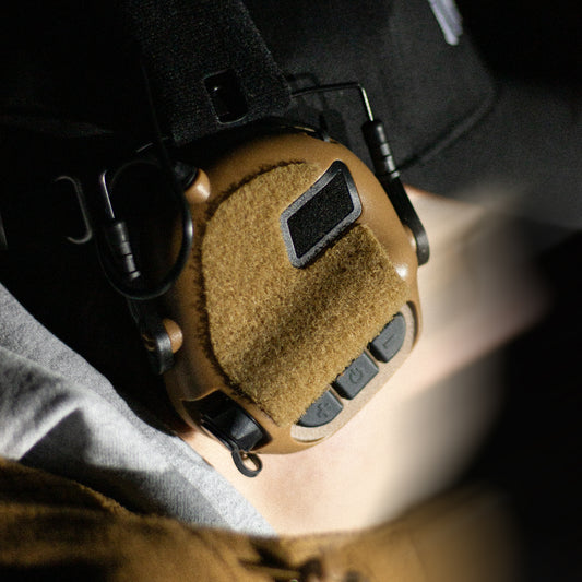 Earmor M31/M32 headset with coyote K.fluffs - Velcro loop cutouts, Mil‑Spec Cordura & 3M adhesive 