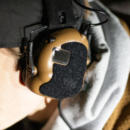 Earmor M31/M32 headset with black K.fluffs - Velcro loop cutouts, Mil‑Spec Cordura & 3M adhesive 