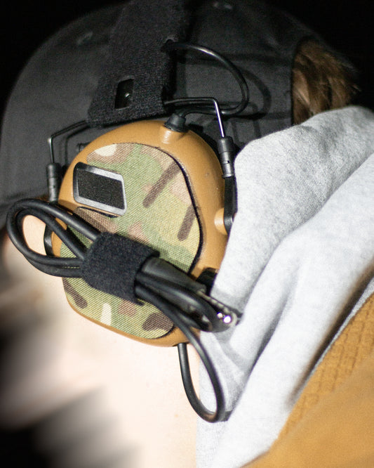 Earmor M31/M32 headset with K.fluff PATCH Velcro hook cutouts, Multicam Mil‑Spec Cordura camo & 3M adhesive for cable management, IR resistance & concealment
