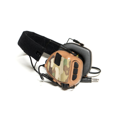 Earmor M31/M32 headset with K.fluff PATCH Velcro hook cutouts, Multicam Mil‑Spec Cordura camo & 3M adhesive for cable management, IR resistance & concealment