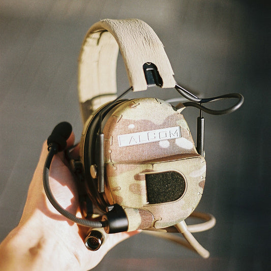 Falcom OTE2000 headset with Multicam K.wrap mil‑spec Cordura camo and 3M adhesive for IR resistance & concealment