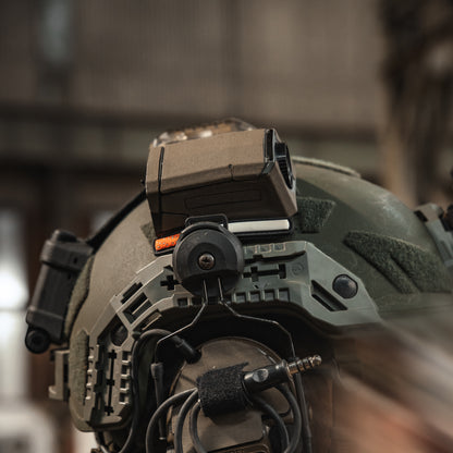 MOHOC IR Camera with Coyote K.wrap mil‑spec Cordura camo and 3M adhesive for IR resistance & concealment. schuberth m100 helmet & 3M PELTOR ComTac VIII Headsets with K.fluff PATCH 