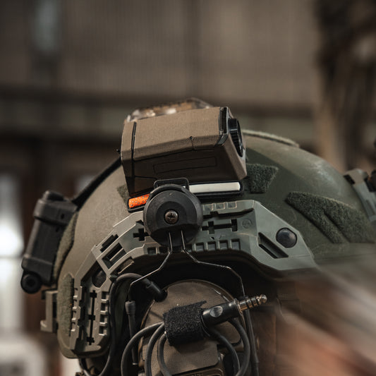 MOHOC IR Camera with Coyote K.wrap mil‑spec Cordura camo and 3M adhesive for IR resistance & concealment. schuberth m100 helmet & 3M PELTOR ComTac VIII Headsets with K.fluff PATCH 