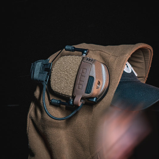 OTTO Noizebarrier headset with coyote K.fluffs - Velcro loop cutouts, Mil‑Spec Cordura & 3M adhesive 