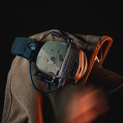 OTTO Noizebarrier headset with K.fluff PATCH Velcro hook cutouts, Multicam Mil‑Spec Cordura camo & 3M adhesive for cable management, IR resistance & concealment