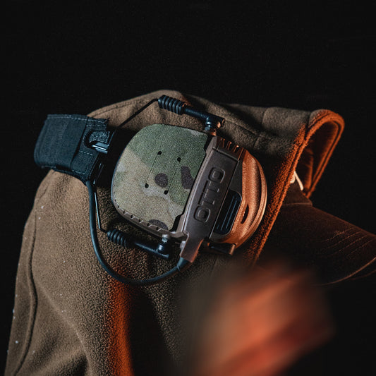 OTTO Noizebarrier headset with K.fluff PATCH Velcro hook cutouts, Multicam Mil‑Spec Cordura camo & 3M adhesive for cable management, IR resistance & concealment