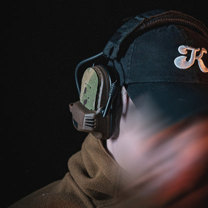 OTTO Noizebarrier headset with K.fluff PATCH Velcro hook cutouts, Multicam Mil‑Spec Cordura camo & 3M adhesive for cable management, IR resistance & concealment