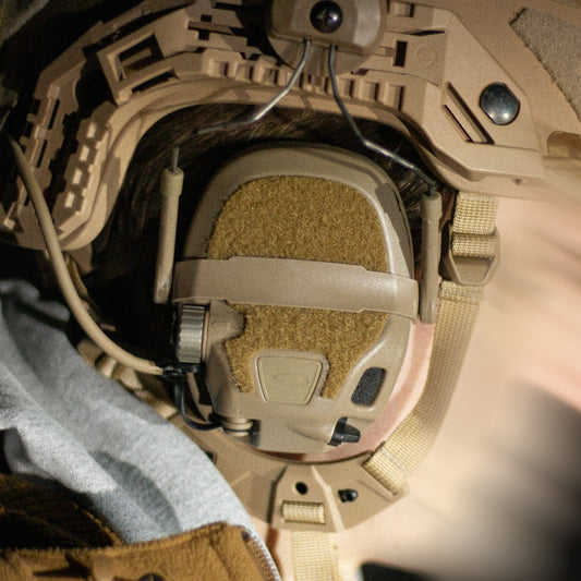 OpsCore AMP headset with coyote K.fluffs - Velcro loop cutouts, Mil‑Spec Cordura & 3M adhesive 