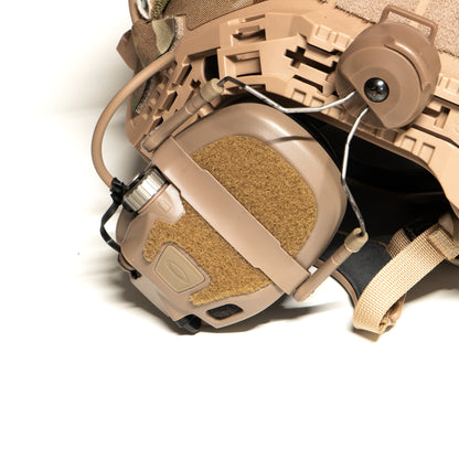 OpsCore AMP headset with coyote K.fluffs - Velcro loop cutouts, Mil‑Spec Cordura & 3M adhesive 