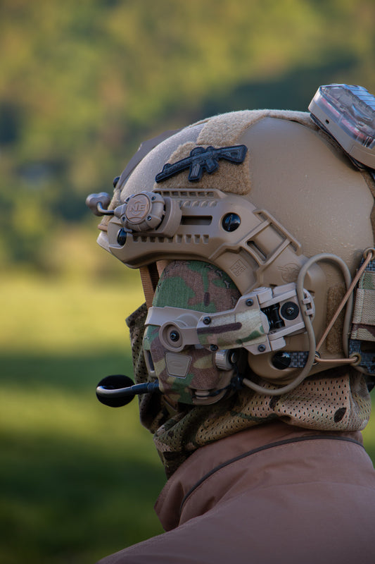 OpsCore AMP headset with Multicam K.wrap mil‑spec Cordura camo and 3M adhesive for IR resistance & concealment