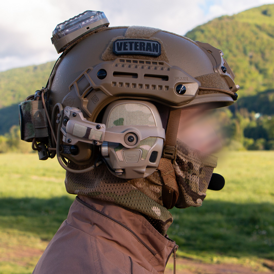 OpsCore AMP headset with Multicam K.wrap mil‑spec Cordura camo and 3M adhesive for IR resistance & concealment