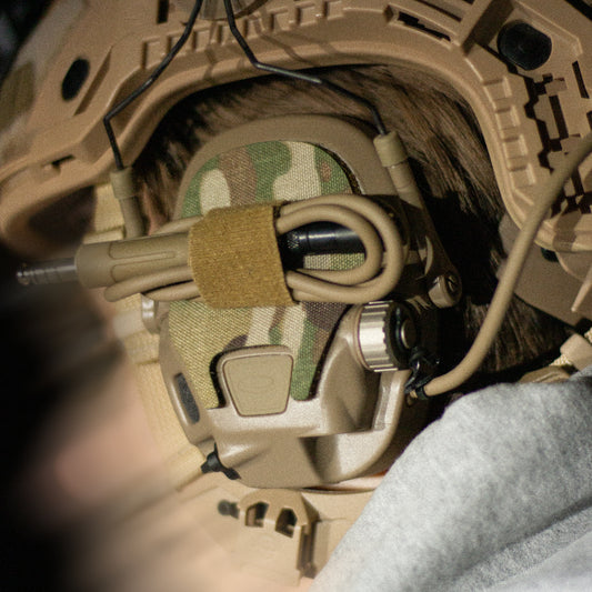 OpsCore AMP headset with K.fluff PATCH Velcro hook cutouts, Multicam Mil‑Spec Cordura camo & 3M adhesive for cable management, IR resistance & concealment