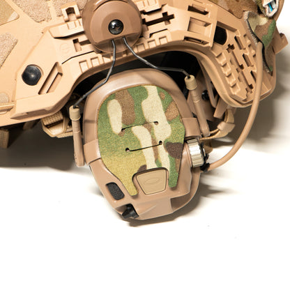 OpsCore AMP with K.fluff PATCH Velcro hook cutouts, Multicam Mil‑Spec Cordura camo & 3M adhesive for cable management, IR resistance & concealment
