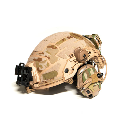 OpsCore AMP headset with K.fluff PATCH Velcro hook cutouts, Multicam Mil‑Spec Cordura camo & 3M adhesive for cable management, IR resistance & concealment. schuberth m100 helmet