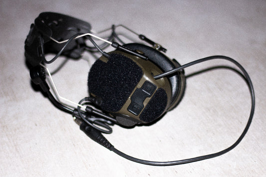 3M PELTOR COMTAC VII / VIII headset with black K.fluffs - Velcro loop cutouts, Mil‑Spec Cordura & 3M adhesive 