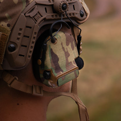 3M PELTOR COMTAC VI headset with Multicam K.wrap mil‑spec Cordura camo and 3M adhesive for IR resistance & concealment