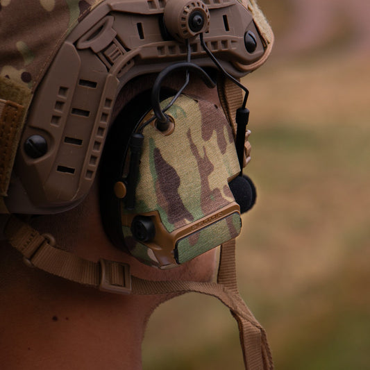 3M PELTOR COMTAC VI headset with Multicam K.wrap mil‑spec Cordura camo and 3M adhesive for IR resistance & concealment