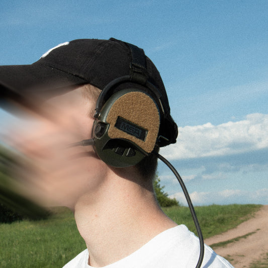 Sordin Supreme headset with coyote K.fluffs - Velcro loop cutouts, Mil‑Spec Cordura & 3M adhesive 