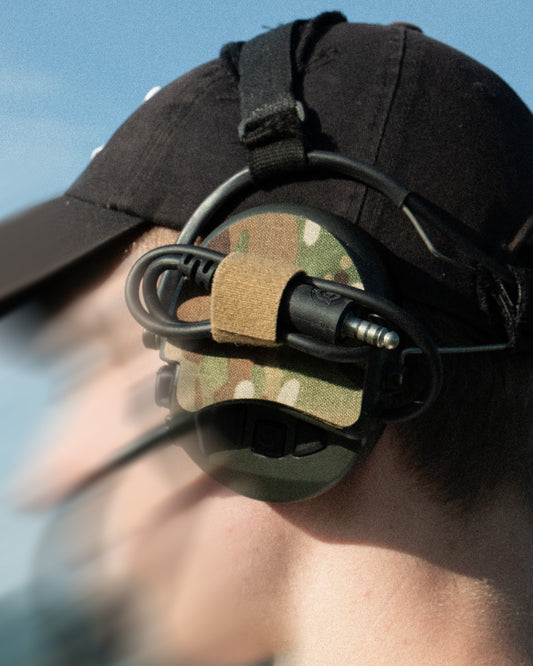 Sordin Supreme headset with K.fluff PATCH Velcro hook cutouts, Multicam Mil‑Spec Cordura camo & 3M adhesive for cable management, IR resistance & concealment