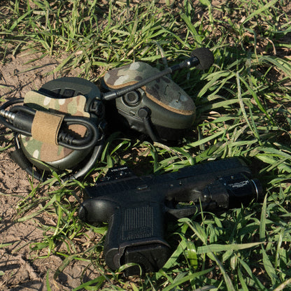 Sordin Supreme headset with K.fluff PATCH Velcro hook cutouts, Multicam Mil‑Spec Cordura camo & 3M adhesive for cable management, IR resistance & concealment. With glock 19 & streamlight tlr-7x